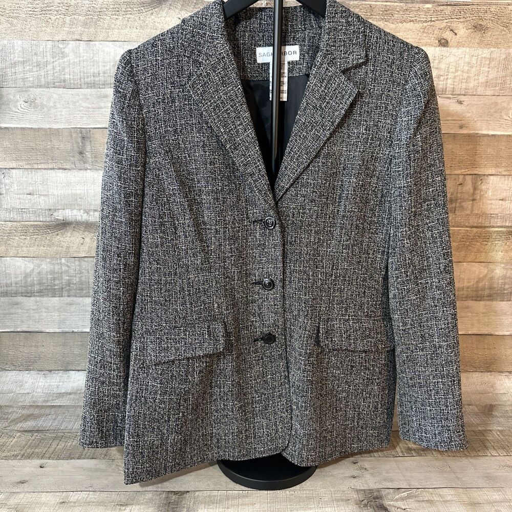 Vintage Women's  Sag Harbor Black/Gray Plaid Blazer Size 8 Polyester Blend